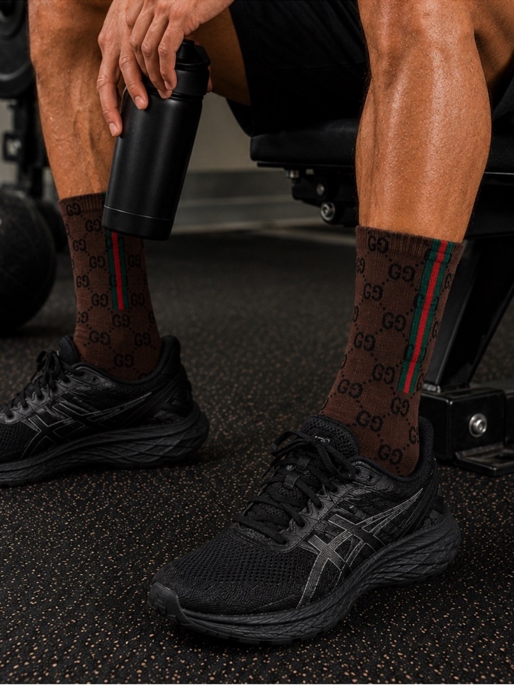 Gucci Brown Logo Crew Socks with Red & Green Stripes
